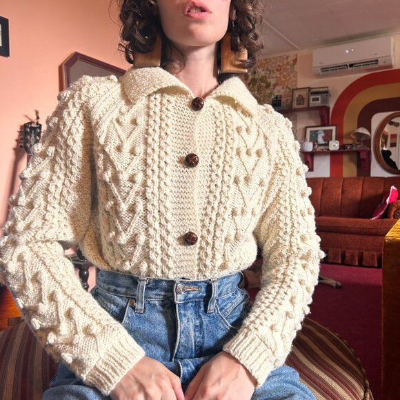 1990s handmade vintage button up wool fishermans aran cardigan! - Picture 2 of 16